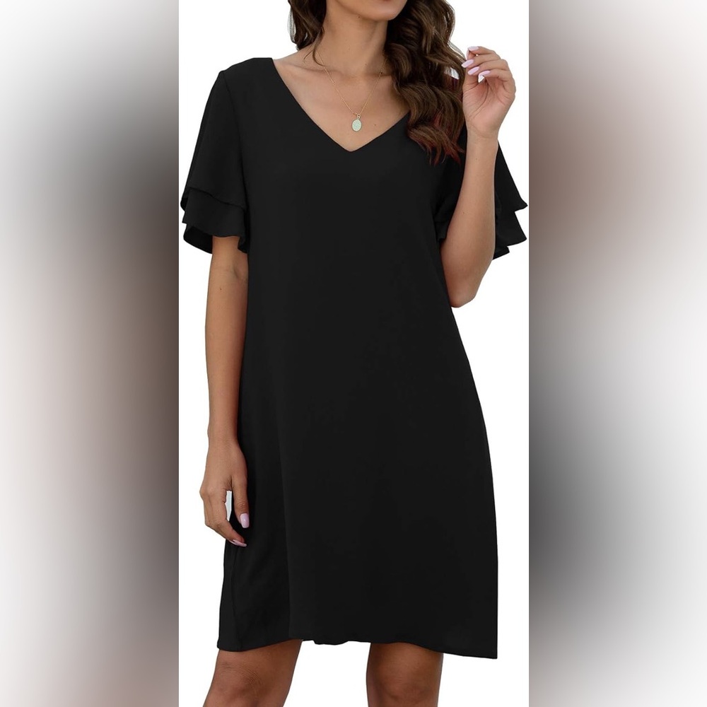 Black Lined V-Neck Bell Short Sleeve Shift Dress Size Medium